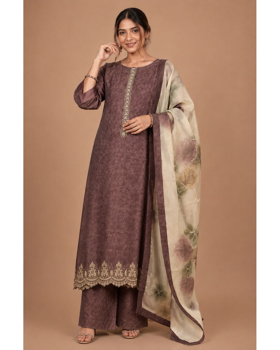 Purple Kanchi Silk Unstitched Dress Material with Printed Organza Dupatta
