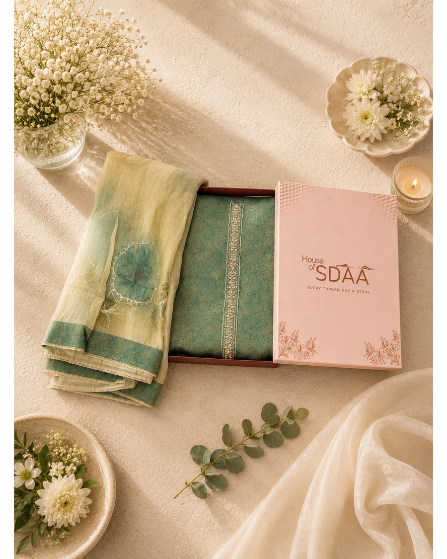 Green Kanchi Silk Unstitched Dress Material with Printed Organza Dupatta