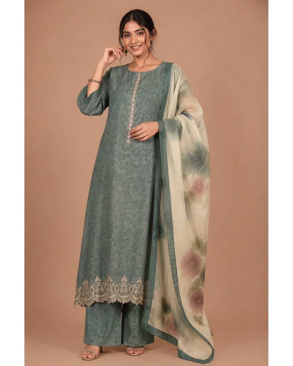 Green Kanchi Silk Unstitched Dress Material with Printed Organza Dupatta