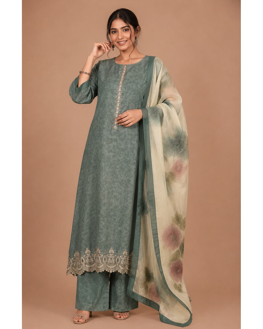 Green Kanchi Silk Unstitched Dress Material with Printed Organza Dupatta