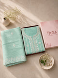 Aqua Mal Chanderi Unstitched Dress Material with White Embroidery