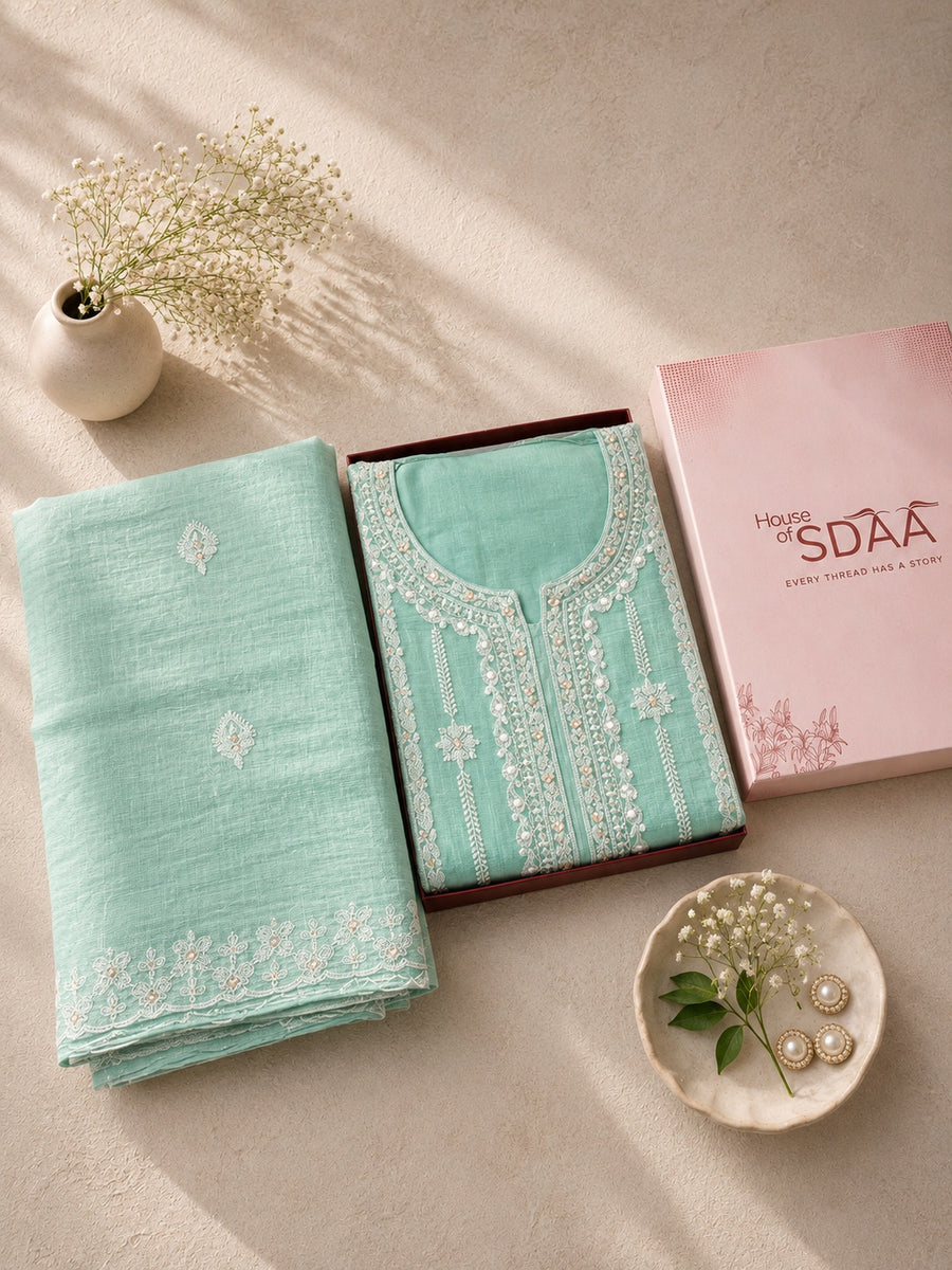 Aqua Mal Chanderi Unstitched Dress Material with White Embroidery
