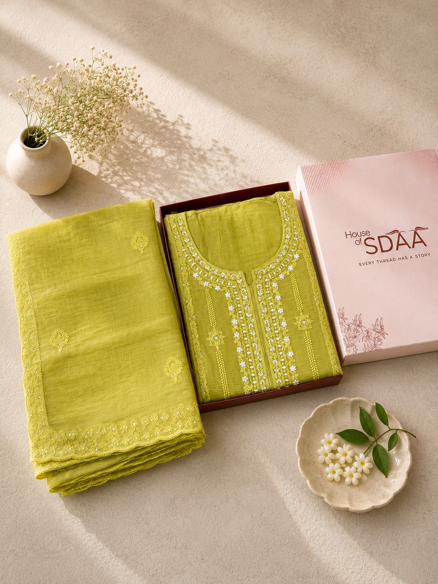 Lime Mal Chanderi Unstitched Dress Material with White Embroidery