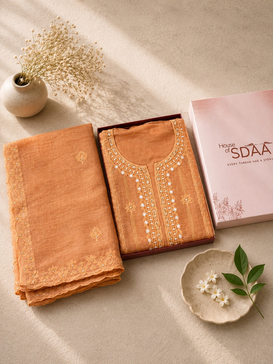 Rust Mal Chanderi Unstitched Dress Material with White Floral Embroidery