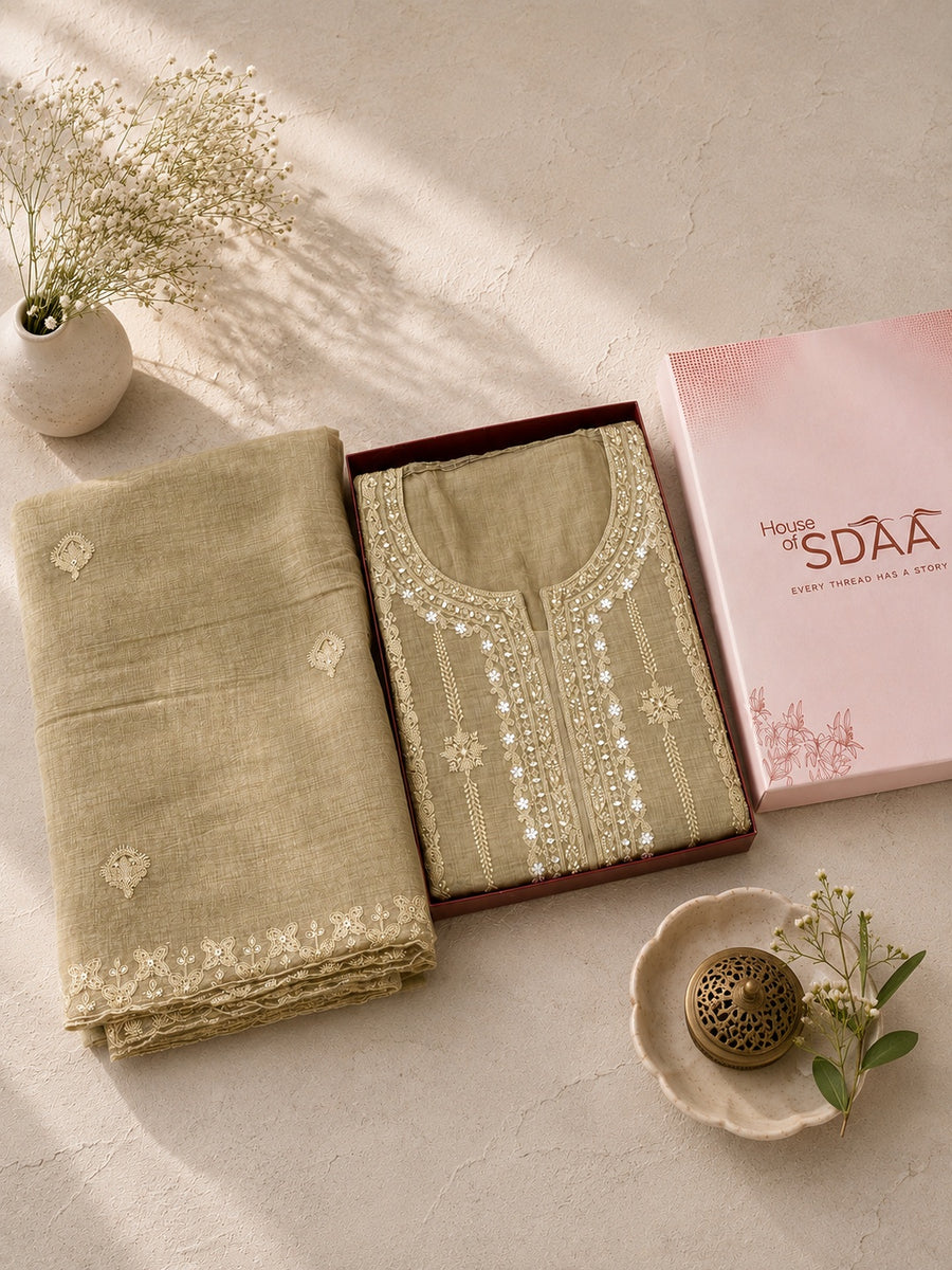 Khaki Mal Chanderi Unstitched Dress Material with White Embroidery