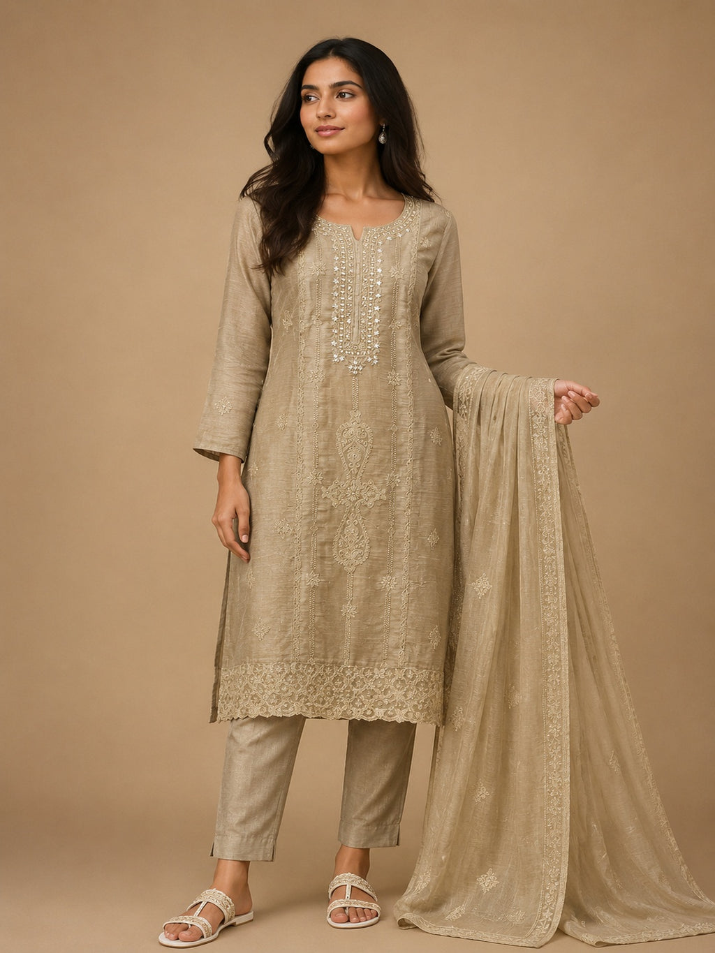 Khaki Mal Chanderi Unstitched Dress Material with White Embroidery