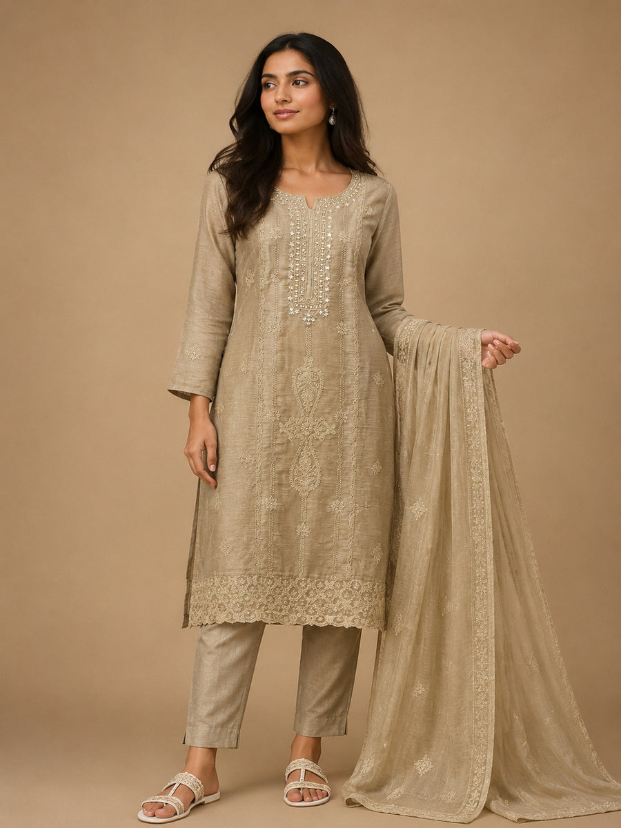 Khaki Mal Chanderi Unstitched Dress Material with White Embroidery