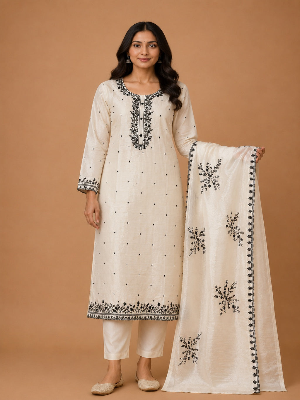 Cream Dolamite Unstitched Dress Material with Black Embroidery