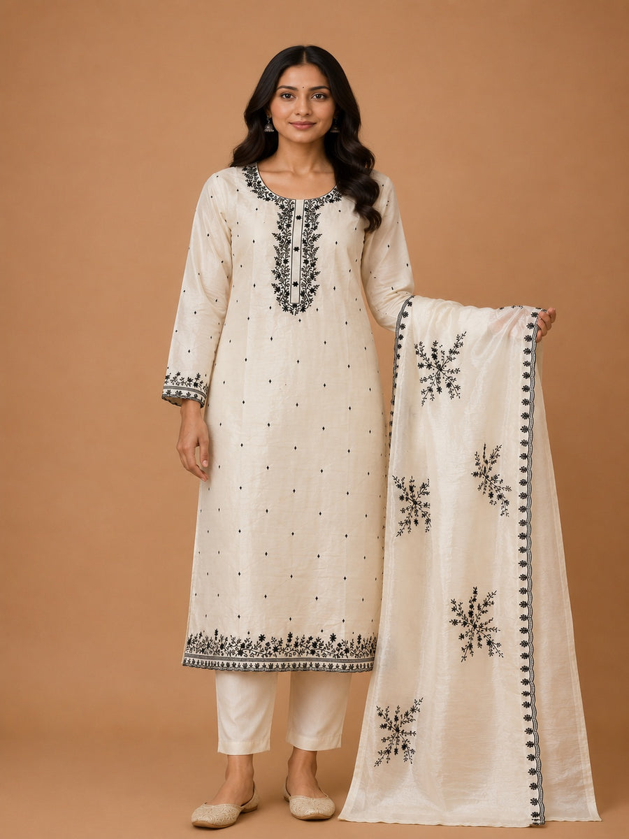 Cream Dolamite Unstitched Dress Material with Black Embroidery