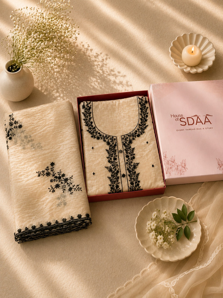 Beige Dolamite Unstitched Dress Material with Black Embroidery