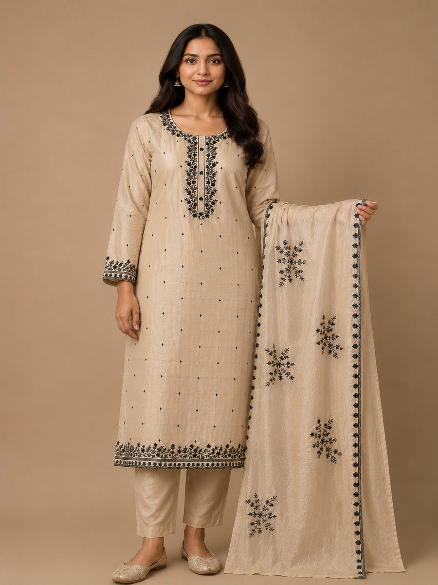 Beige Dolamite Unstitched Dress Material with Black Embroidery