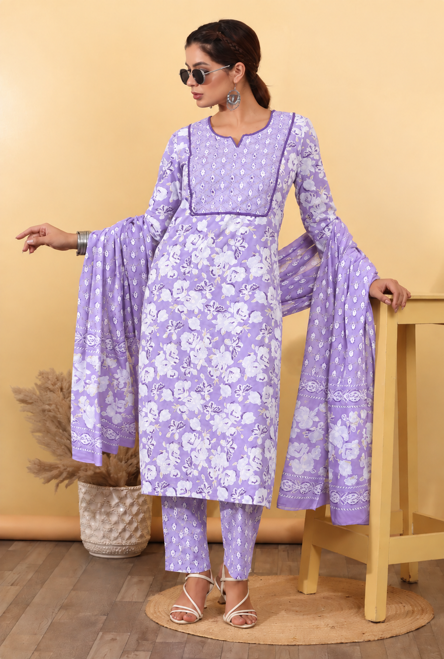 Kurta pant set for women with dupatta – front view