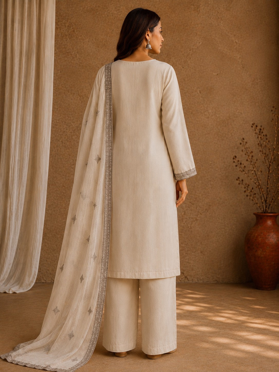 Soft Taupe Chanderi Silk Embroidered Unstitched Suit Material