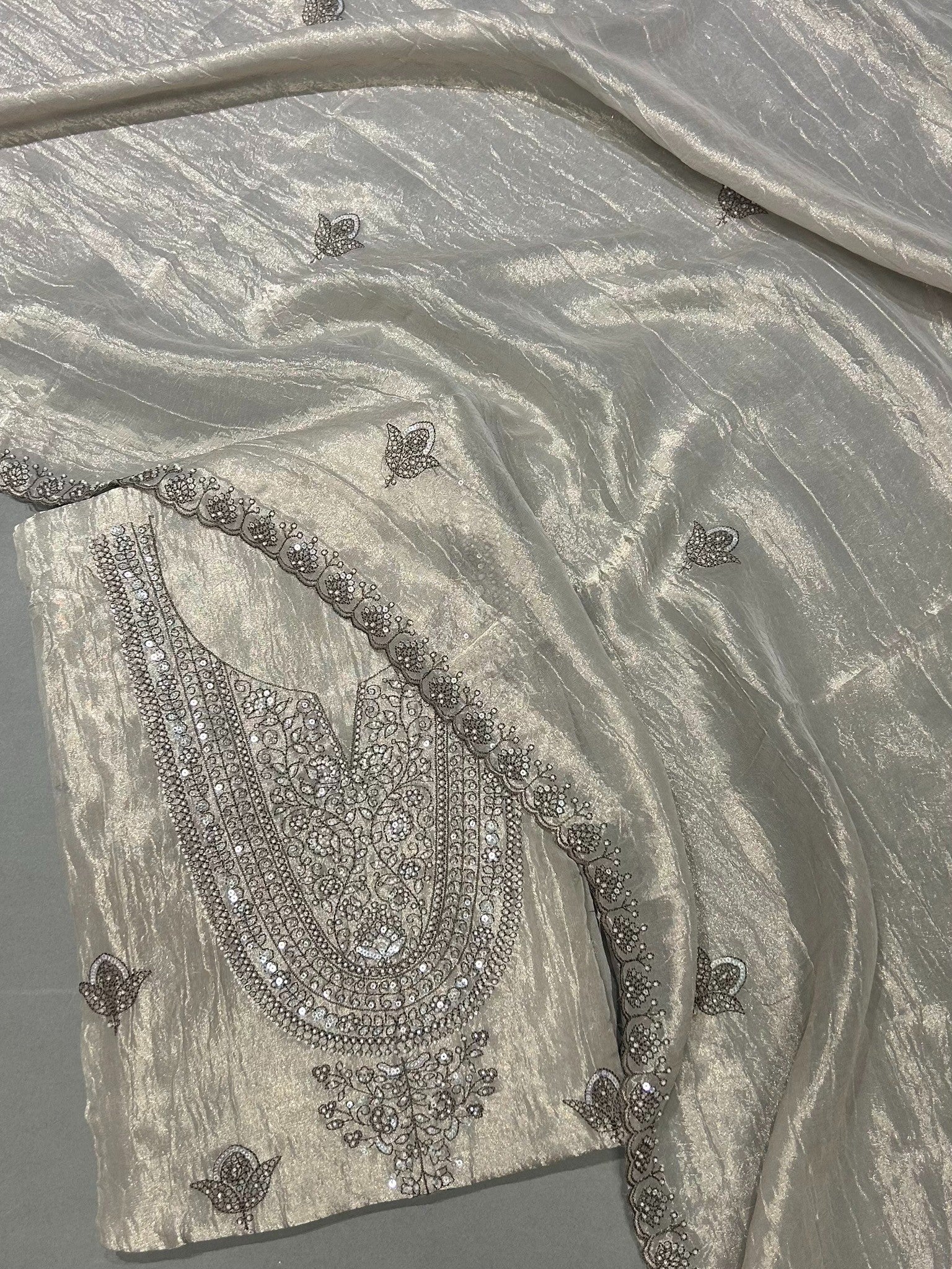 Soft Taupe Chanderi Silk Embroidered Unstitched Suit Material