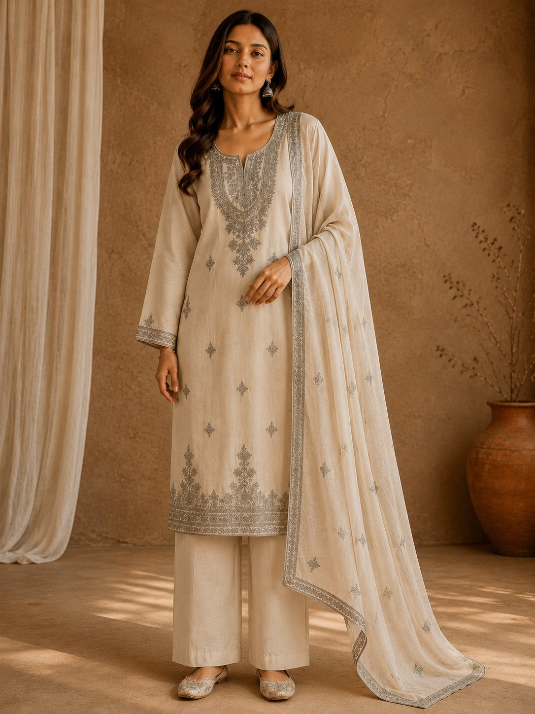 Soft Taupe Chanderi Silk Embroidered Unstitched Suit Material