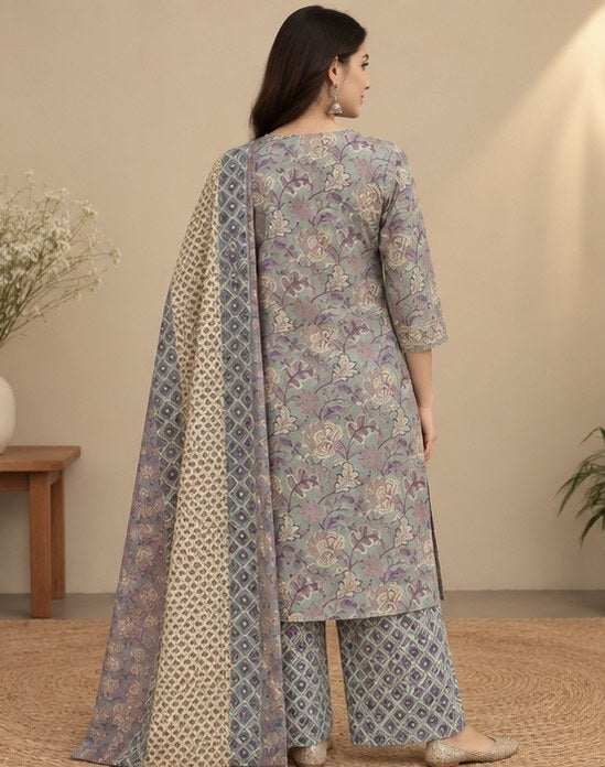 Blue Floral Printed Cotton Salwar Kurta Dupatta Set