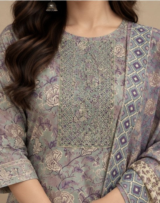 Blue Floral Printed Cotton Salwar Kurta Dupatta Set