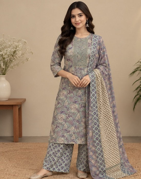 Blue Floral Printed Cotton Salwar Kurta Dupatta Set