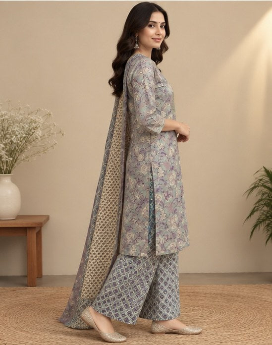 Blue Floral Printed Cotton Salwar Kurta Dupatta Set