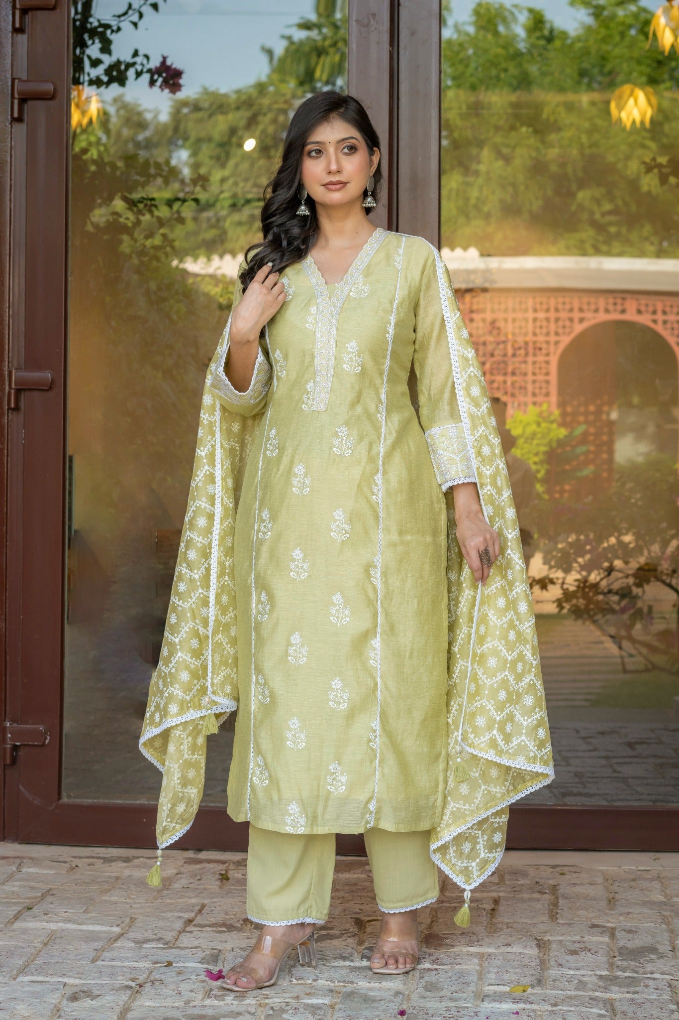 Pista Green Cotton Embroidered Suit Set with Dupatta