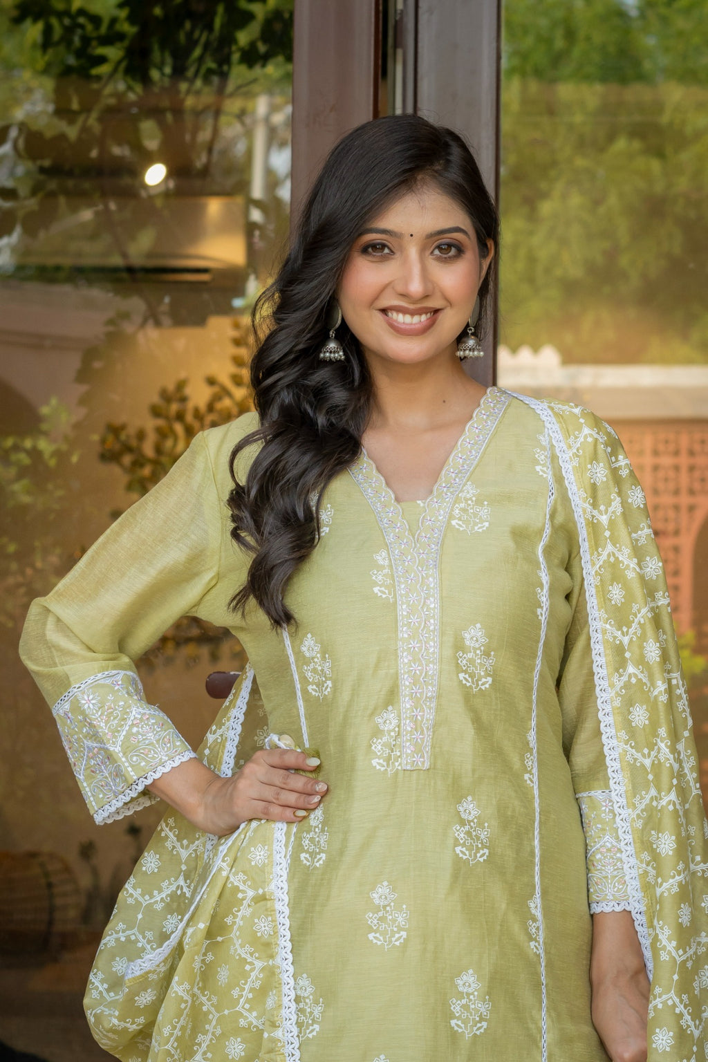 Pista Green Cotton Embroidered Suit Set with Dupatta