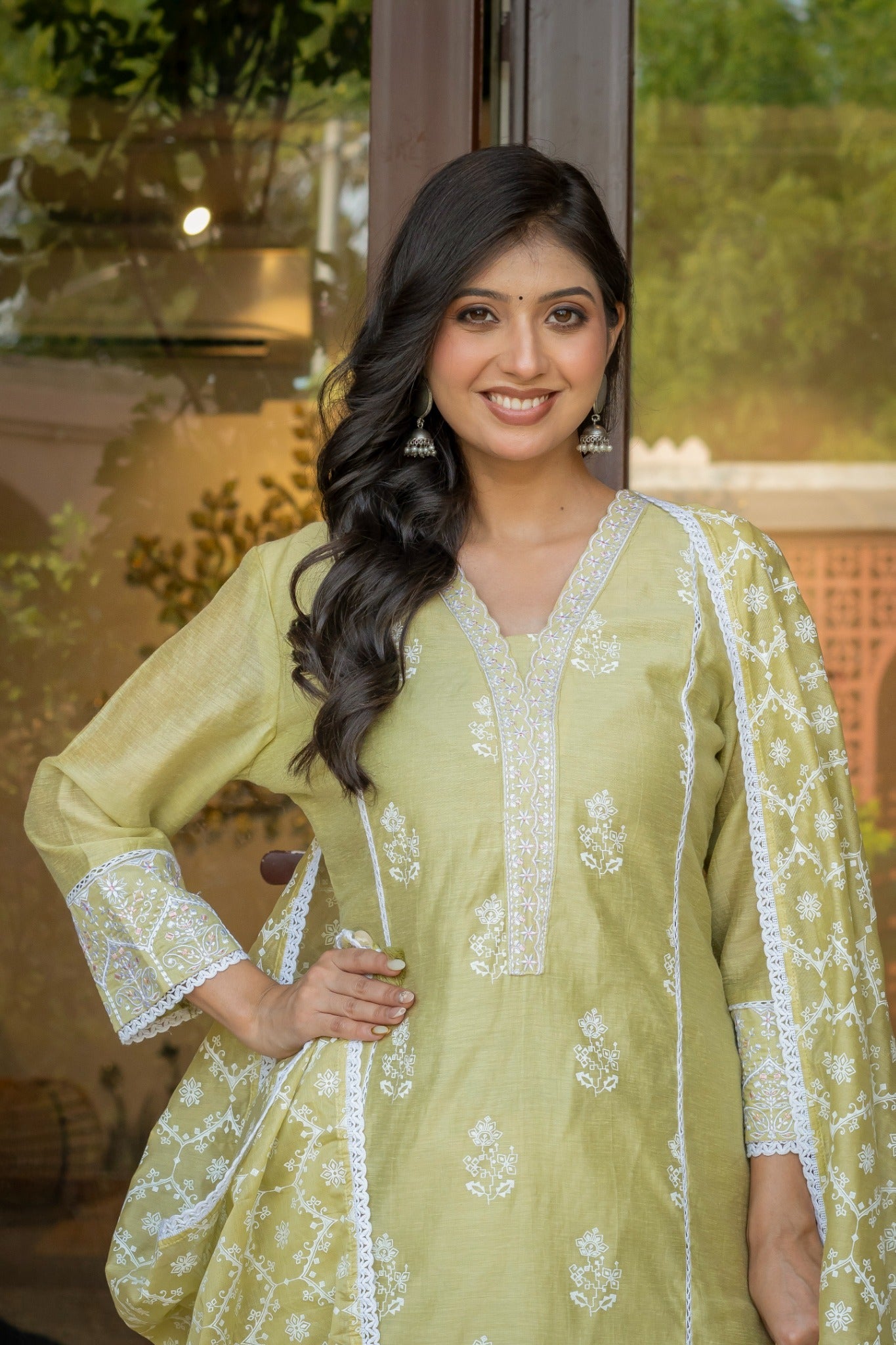 Pista Green Cotton Embroidered Suit Set with Dupatta
