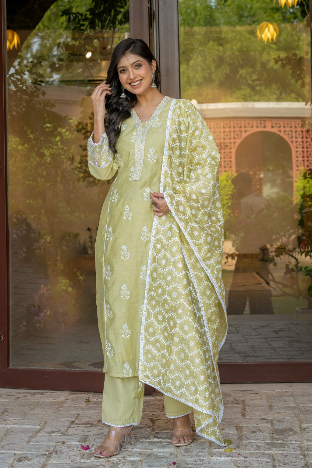 Pista Green Cotton Embroidered Suit Set with Dupatta