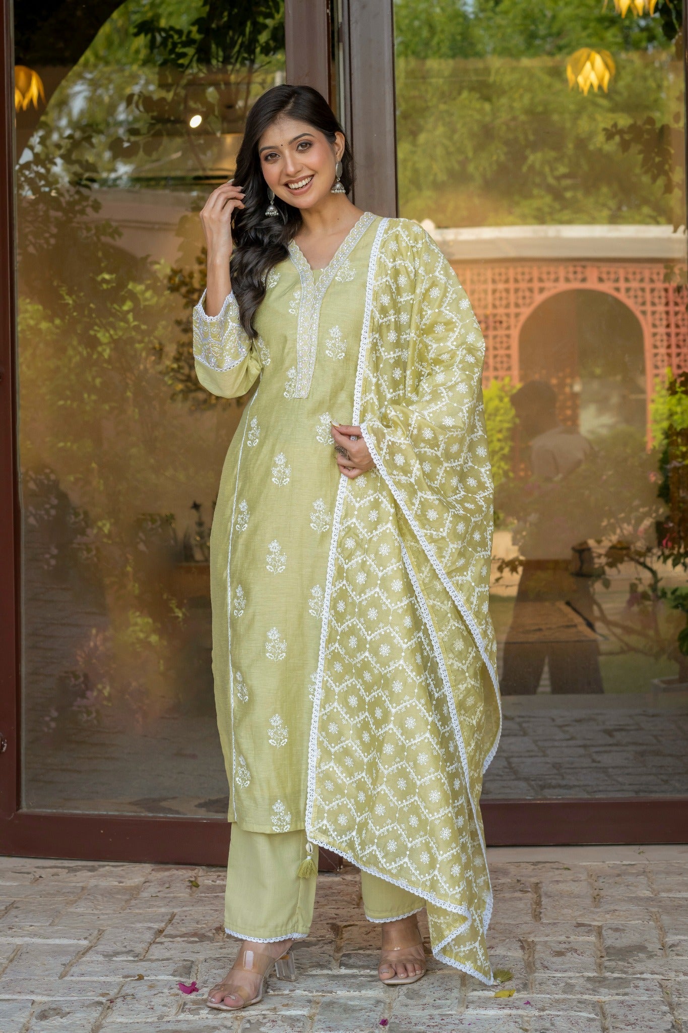 Pista Green Cotton Embroidered Suit Set with Dupatta
