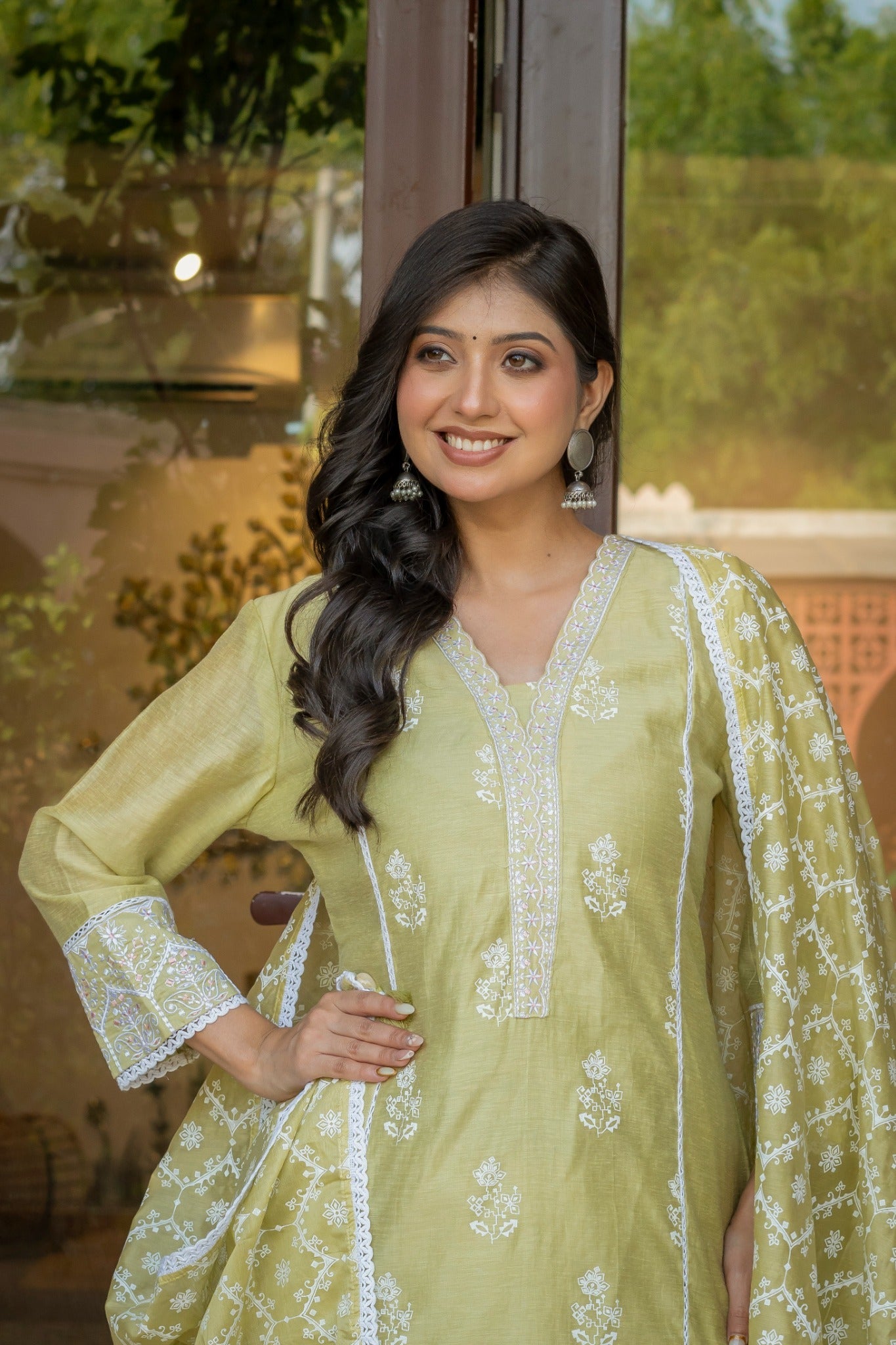 Pista Green Cotton Embroidered Suit Set with Dupatta