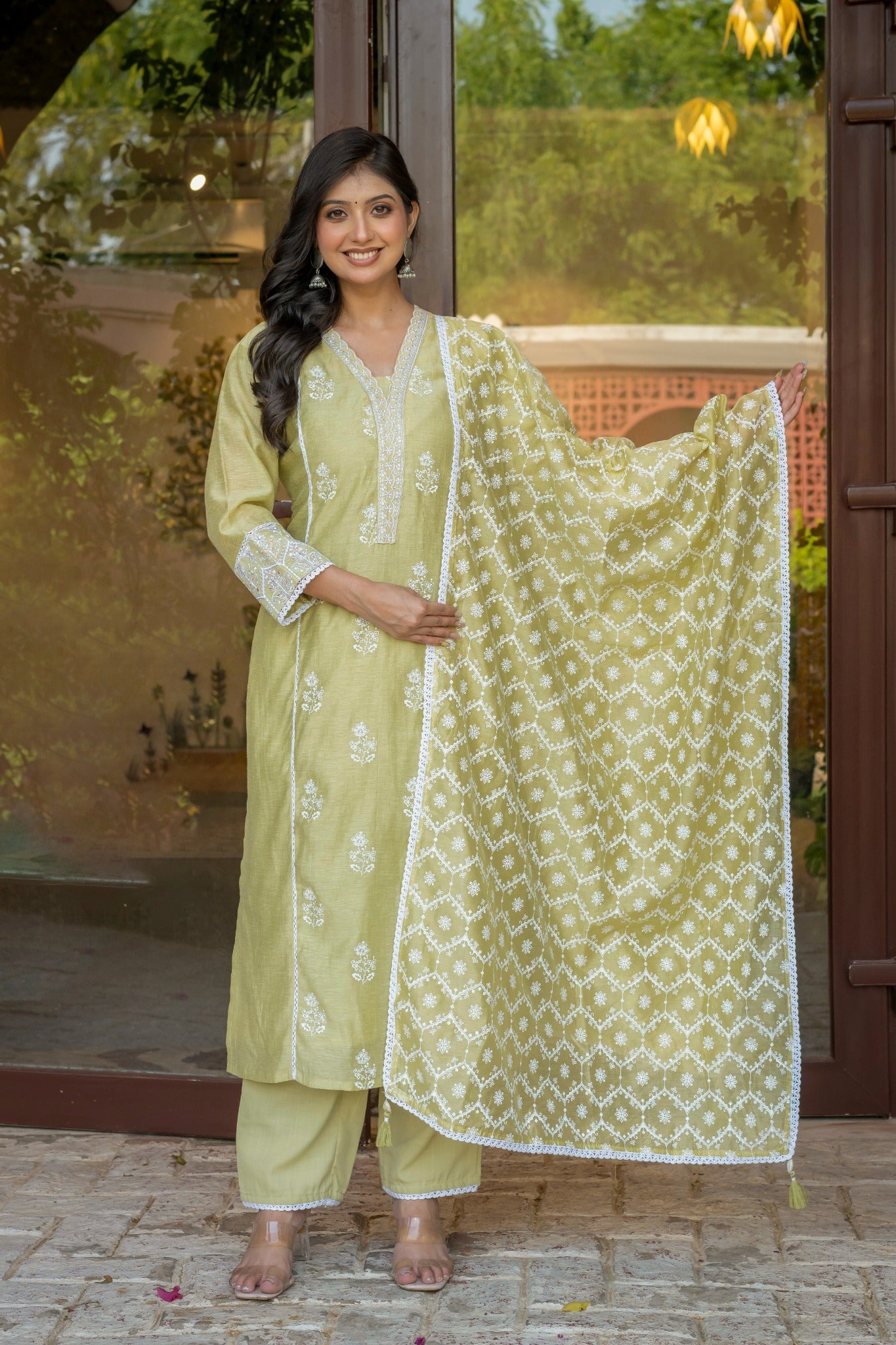 Pista Green Cotton Embroidered Suit Set with Dupatta