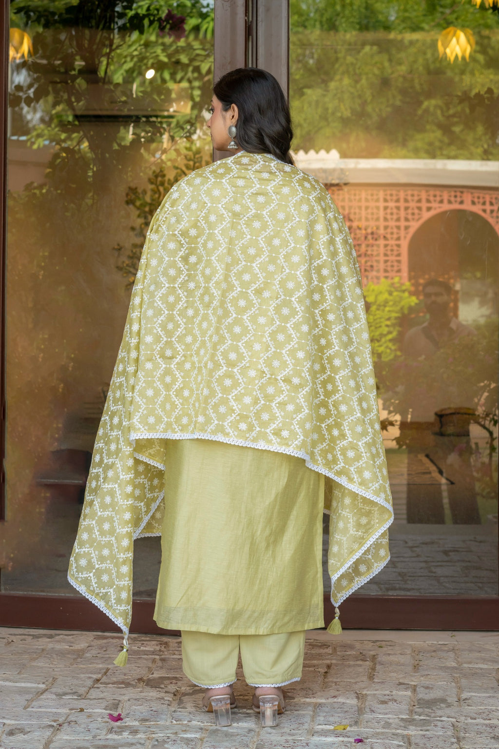 Pista Green Cotton Embroidered Suit Set with Dupatta
