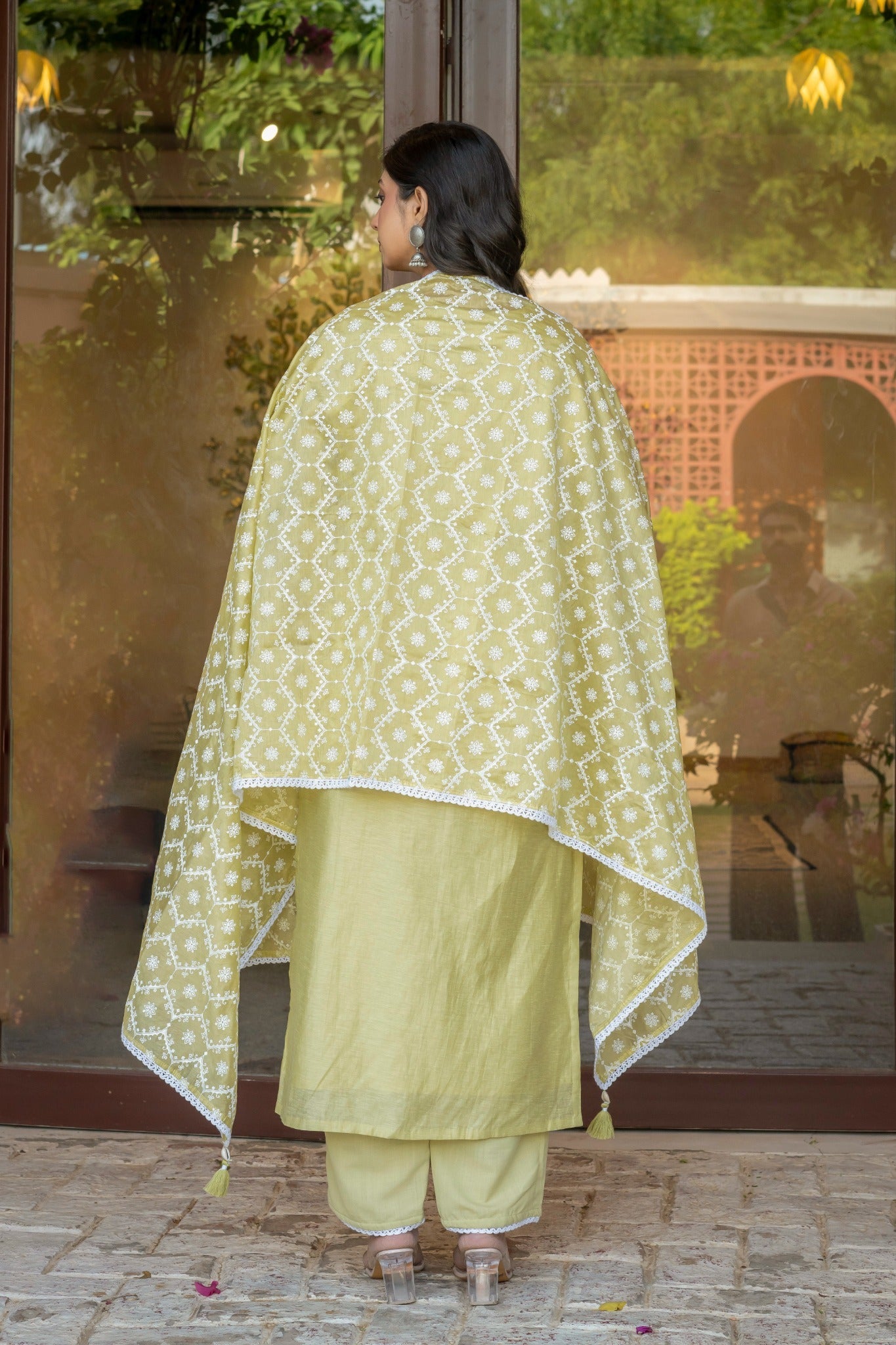 Pista Green Cotton Embroidered Suit Set with Dupatta