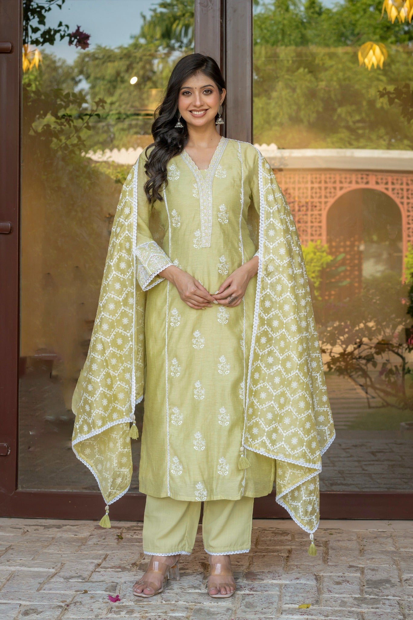 Pista Green Cotton Embroidered Suit Set with Dupatta