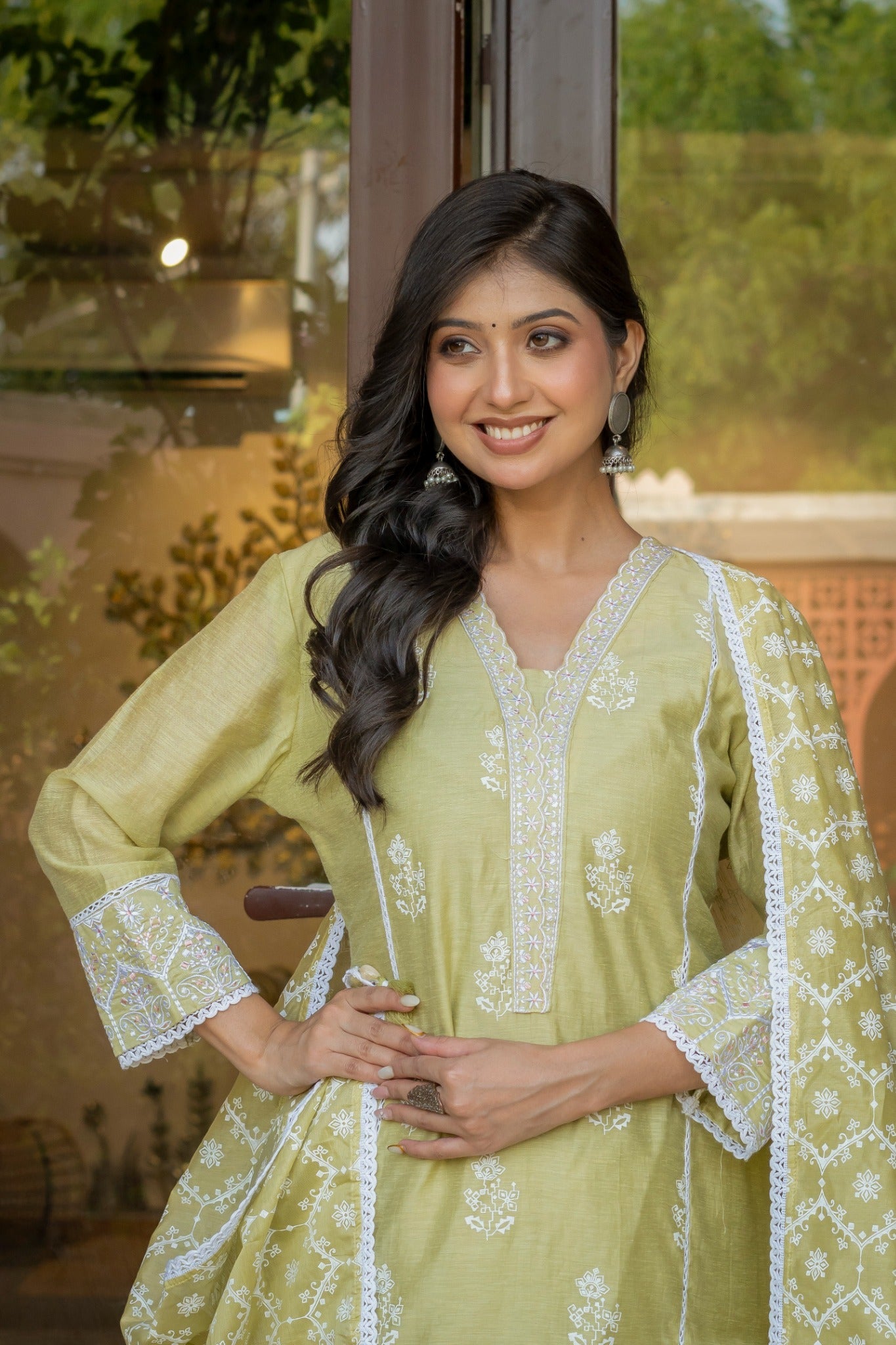 Pista Green Cotton Embroidered Suit Set with Dupatta