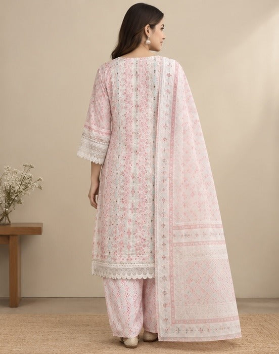 Peach Floral Printed Cotton Blend Salwar Kurta Dupatta Set