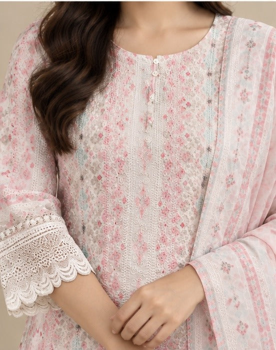 Peach Floral Printed Cotton Blend Salwar Kurta Dupatta Set