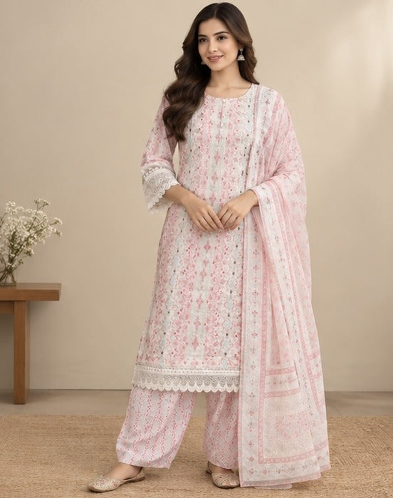 Peach Floral Printed Cotton Blend Salwar Kurta Dupatta Set