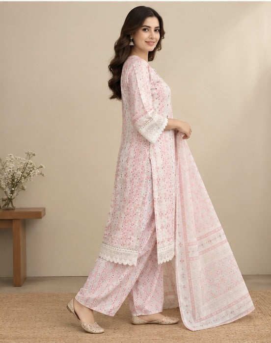 Peach Floral Printed Cotton Blend Salwar Kurta Dupatta Set