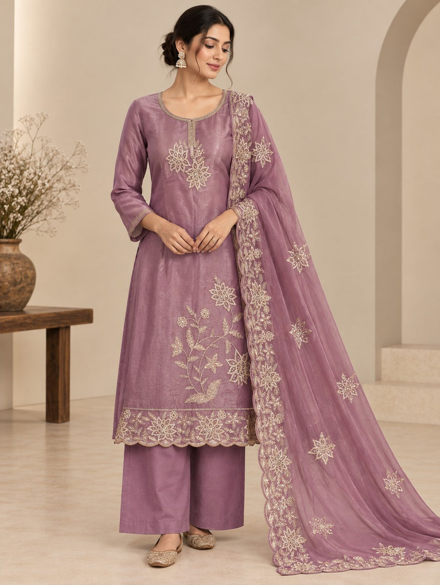 Chanderi Silk Floral Embroidered Unstitched Dress Material with Dupatta