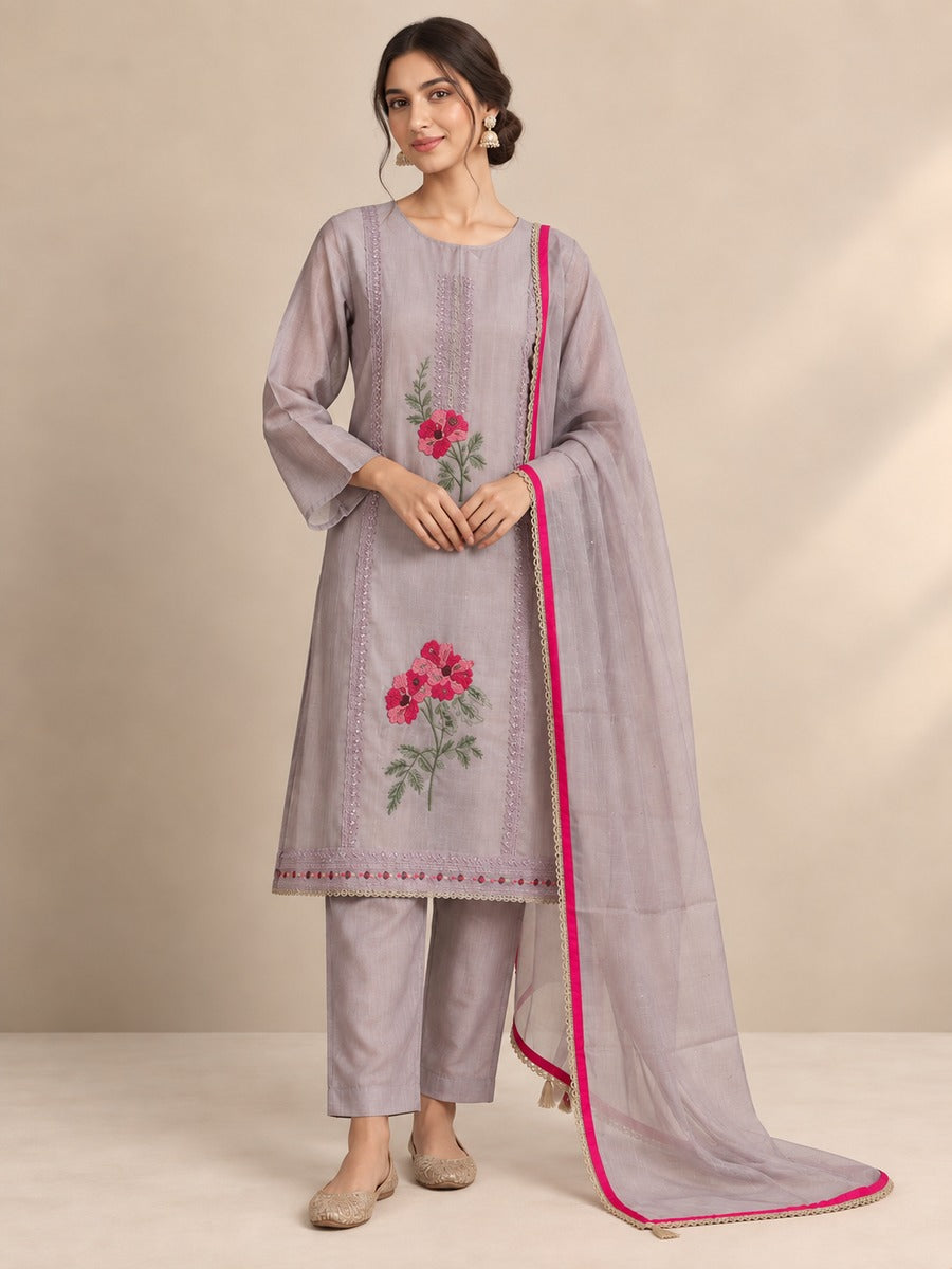 Tissue Silk Floral Embroidered Unstitched Dress Material with Dupatta