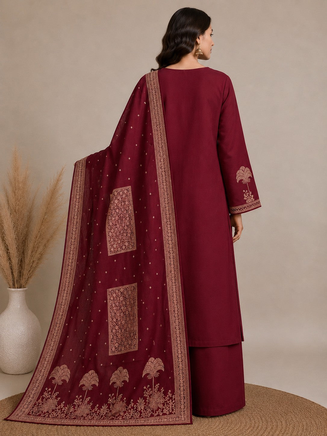 Royal Maroon Jacquard Silk Unstitched Suit Material