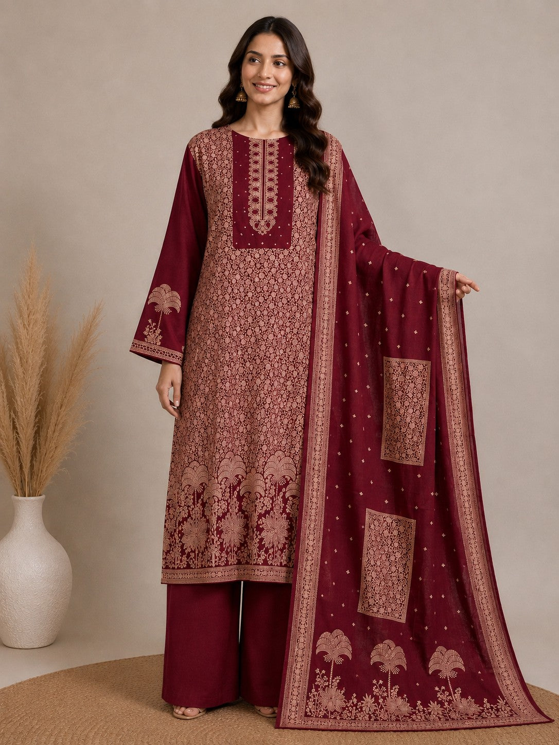 Royal Maroon Jacquard Silk Unstitched Suit Material