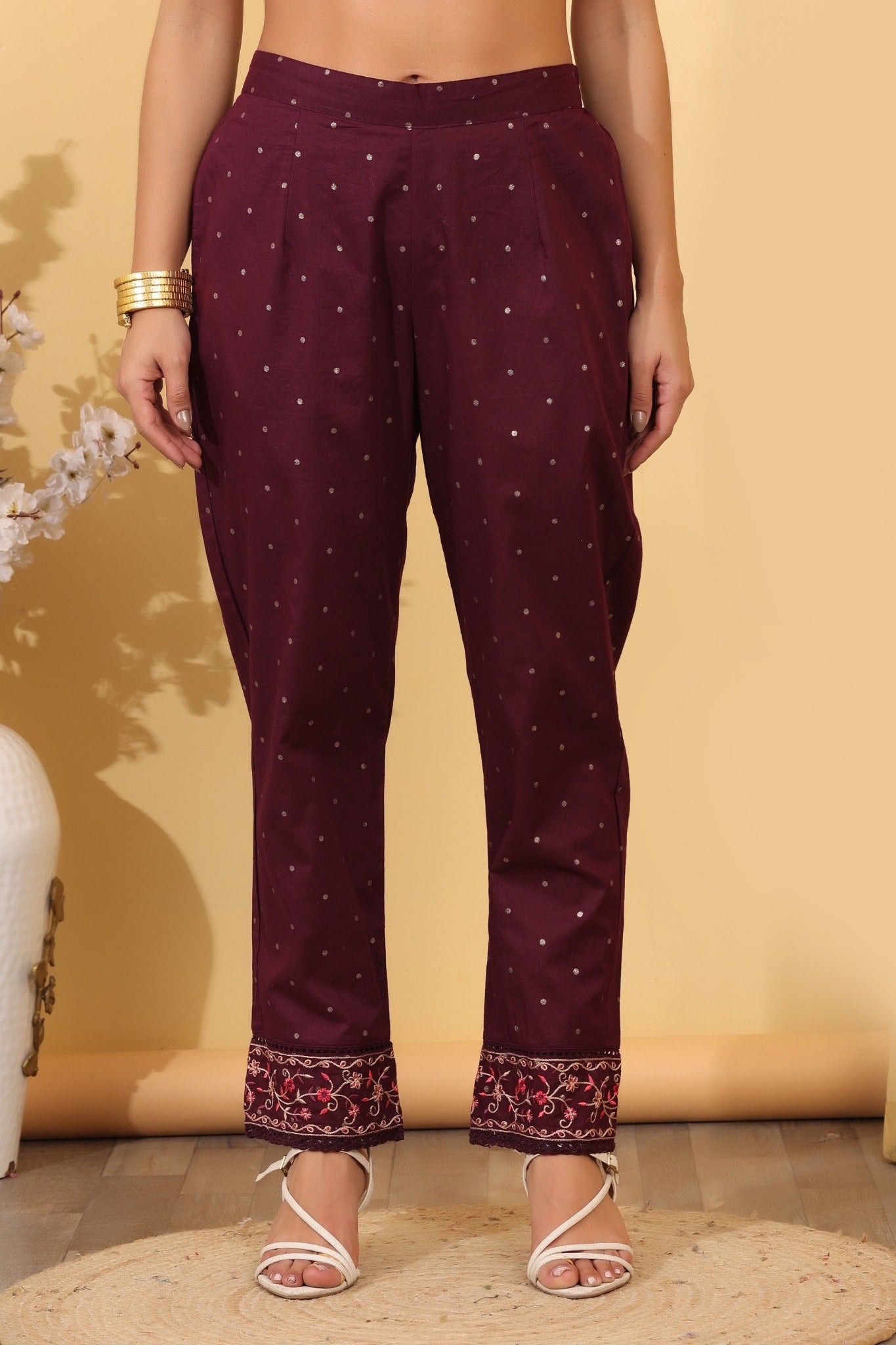 Wine Cotton Embroidered  Salwar Kameez Set