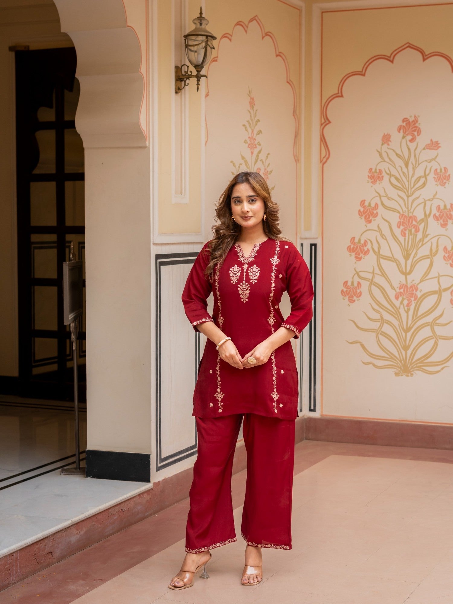 Maroon Embroidered Co-Ord Set for Women HSDAACSTP000001