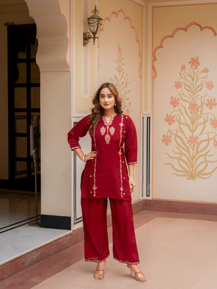 Maroon Embroidered Co-Ord Set for Women