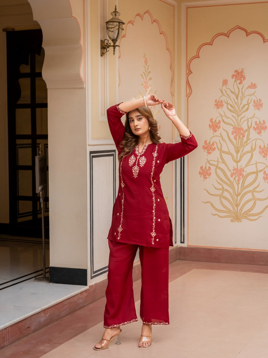 Maroon Embroidered Co-Ord Set for Women