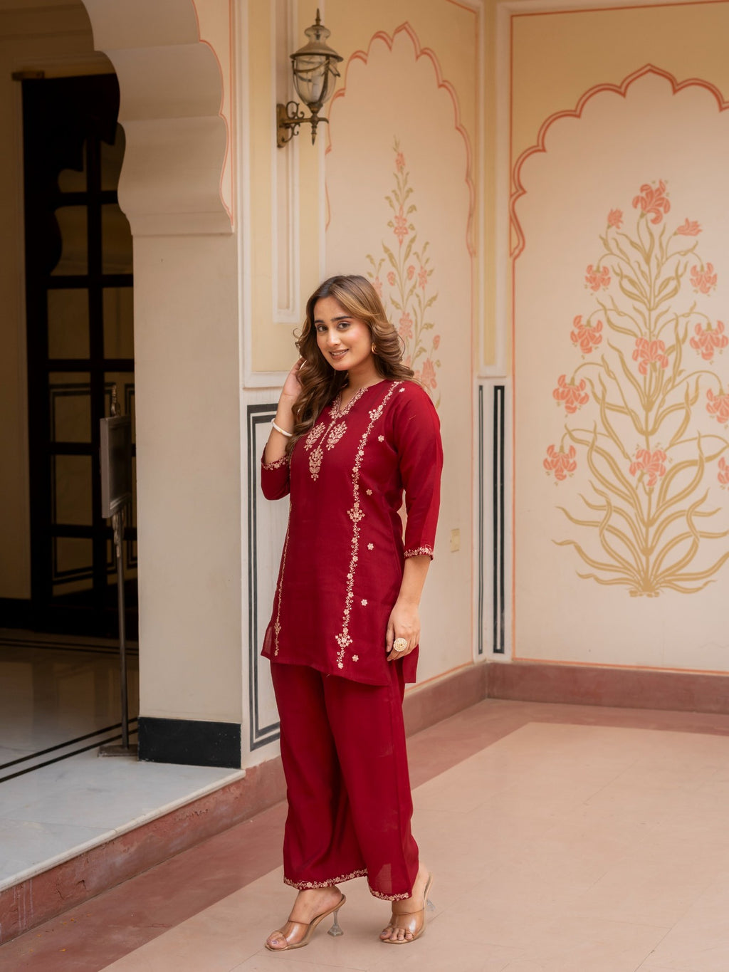 Maroon Embroidered Co-Ord Set for Women HSDAACSTP000001