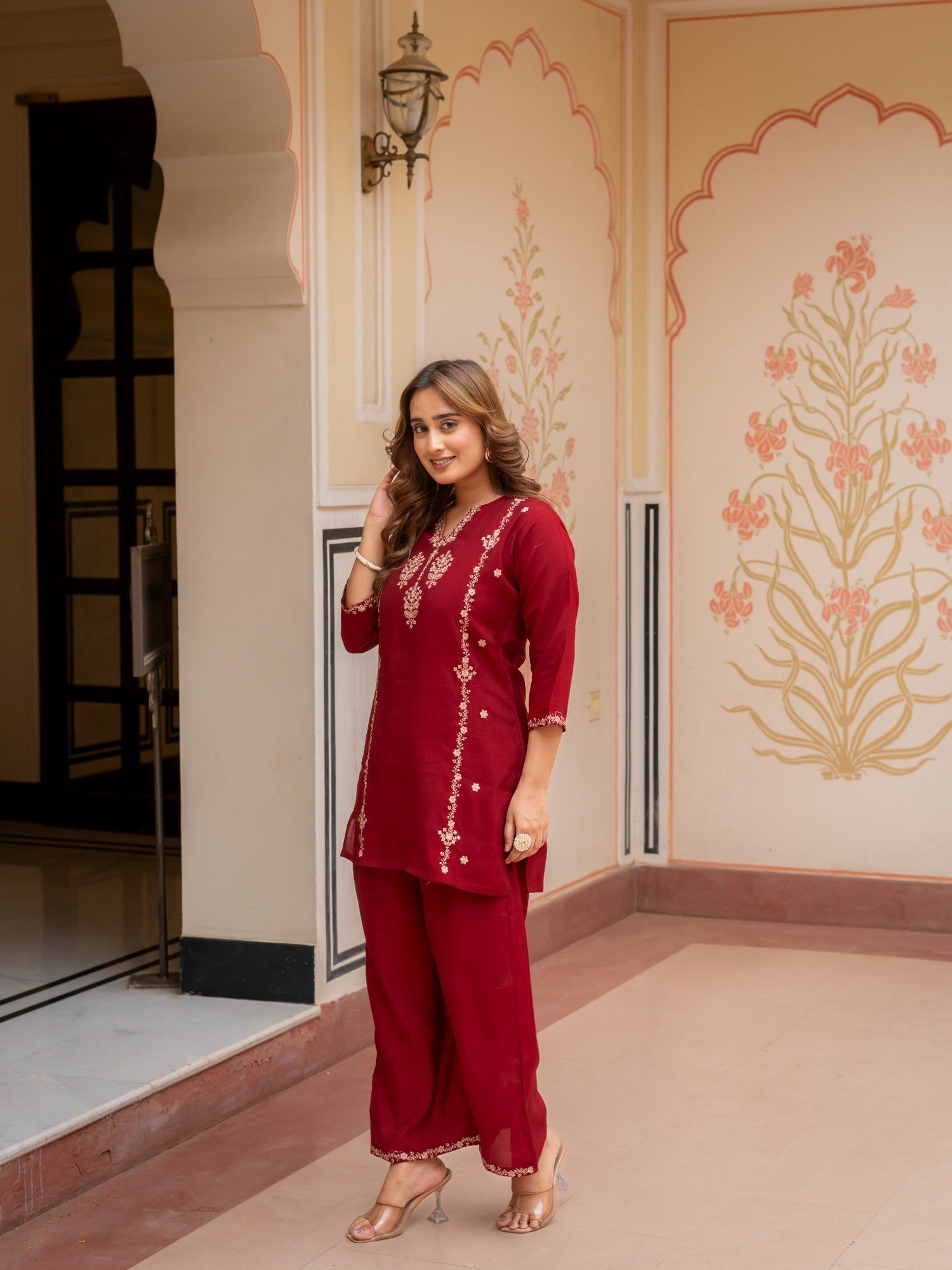 Maroon Embroidered Co-Ord Set for Women HSDAACSTP000001