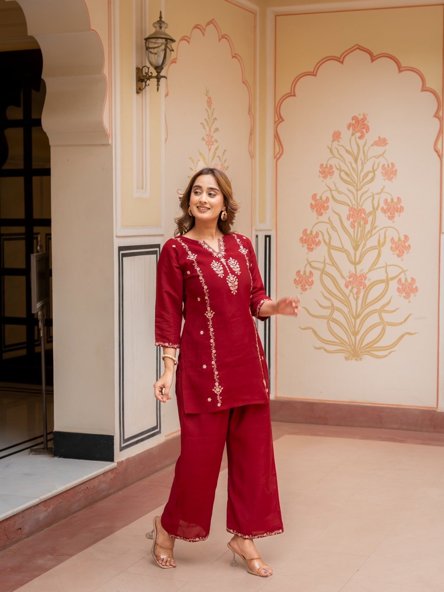 Maroon Embroidered Co-Ord Set for Women HSDAACSTP000001