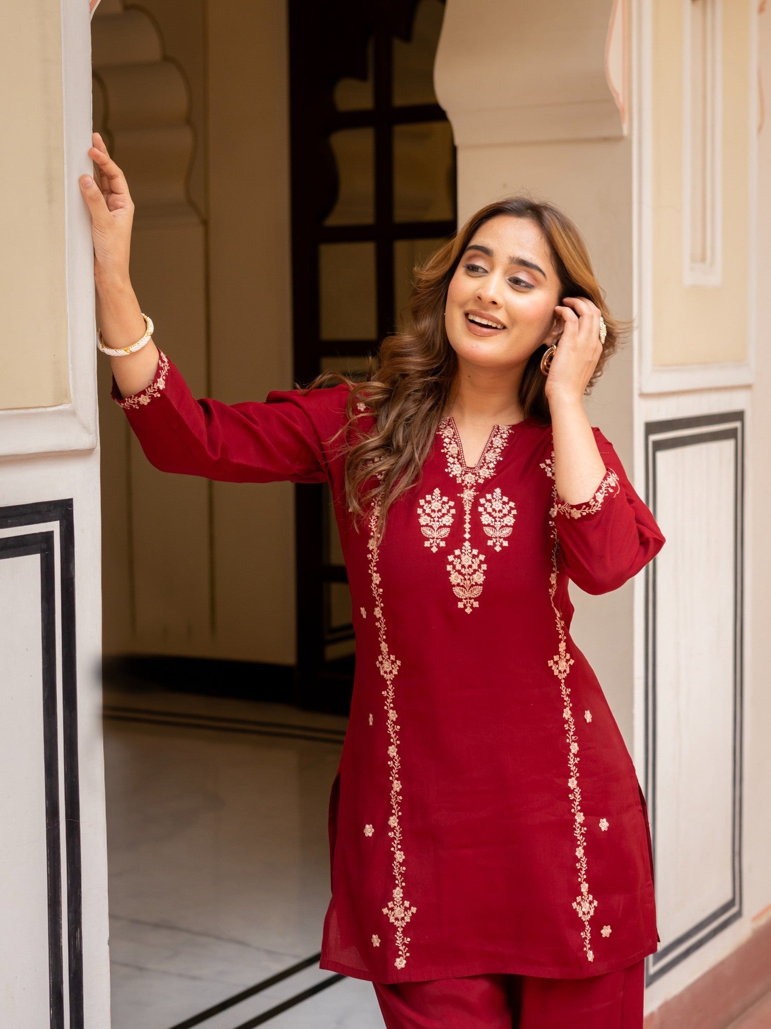 Maroon Embroidered Co-Ord Set for Women HSDAACSTP000001